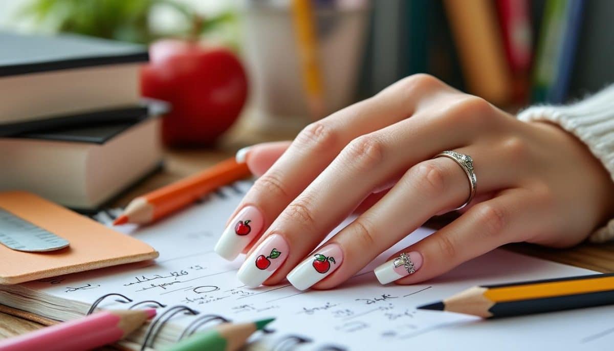 discover stylish french acrylic nails with a fun back-to-school twist. perfect inspiration for students and nail art fans looking for trendy, academic-themed nail designs to start the school year in style.