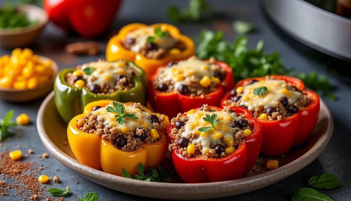 discover a delicious and easy recipe for gluten-free stuffed peppers made in the air fryer. packed with cheesy goodness and flavorful ingredients, these peppers make a perfect healthy meal for any day.