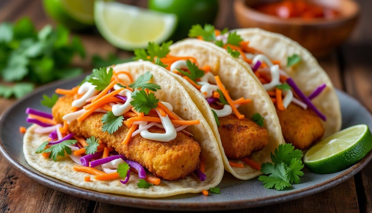 enjoy delicious gluten-free fish tacos topped with a crispy slaw. this easy recipe delivers flavorful, crunchy tacos perfect for a healthy, satisfying meal.
