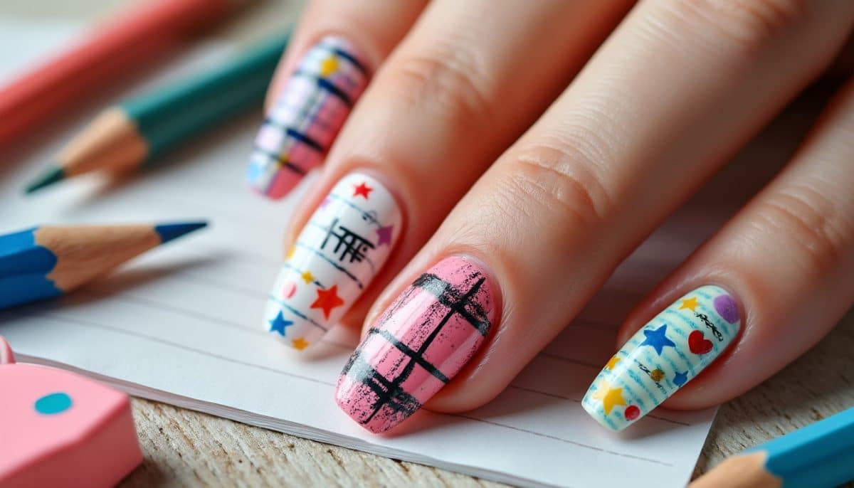 discover creative notebook inspired nail designs perfect for back-to-school season. get inspired by lined paper, doodles, and playful patterns for your next manicure!