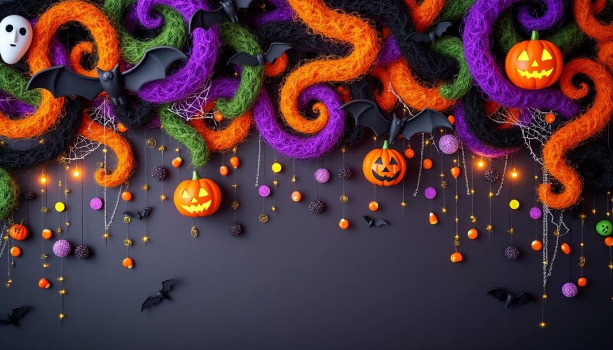 decorate your space for halloween with eye-catching ceiling garlands featuring spooky spirals and fun shapes. perfect for parties and festive atmospheres.