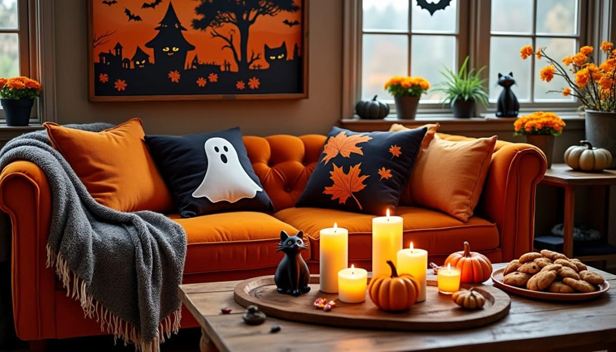transform your living room into a cozy halloween retreat with festive throw pillows and scented candles. discover stylish and spooky decor ideas to create a warm, inviting atmosphere this fall season.