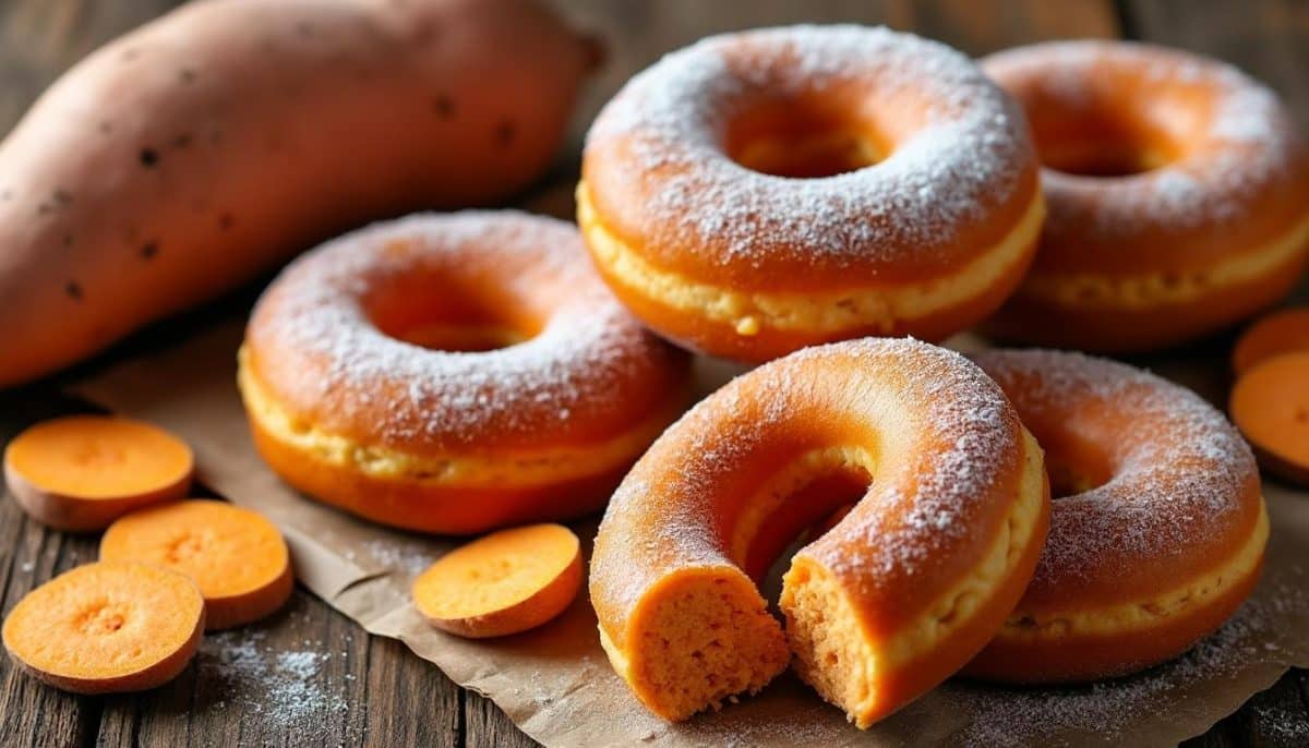 enjoy deliciously soft and naturally orange gluten-free donuts made with sweet potato flour. perfect for a healthy treat, free from artificial colors and packed with flavor!