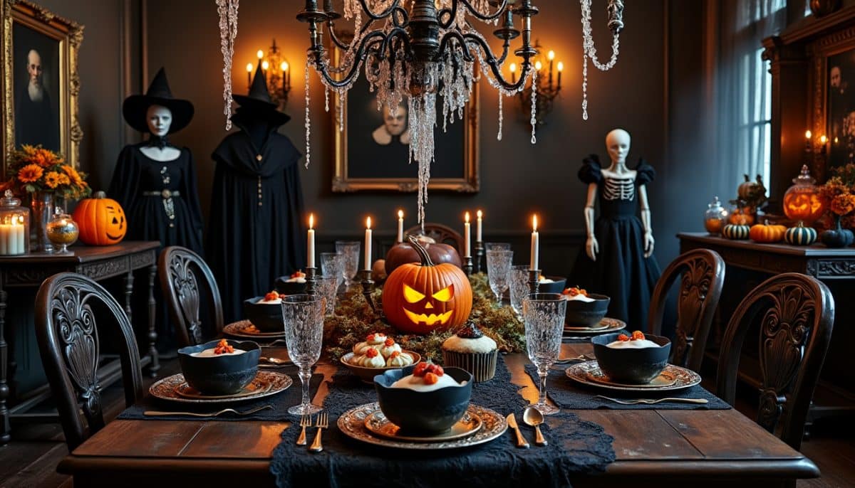 transform your dining room into a haunted manor this halloween with spooky decor ideas that create a chilling and elegant ambiance for your festive gatherings.