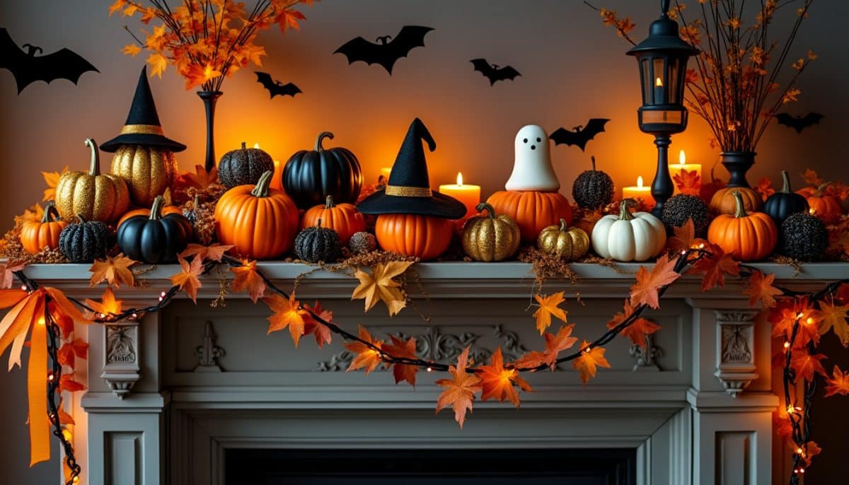 transform your living room with our halloween fireplace mantel decor ideas, featuring spooky garlands and cute mini pumpkins for a festive, cozy look.