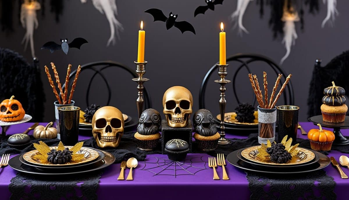 elevate your halloween party with stylish black and gold disposable dinnerware. perfect for spooky table settings, our plates, cups, and napkins offer convenience and elegance for your festive celebration.