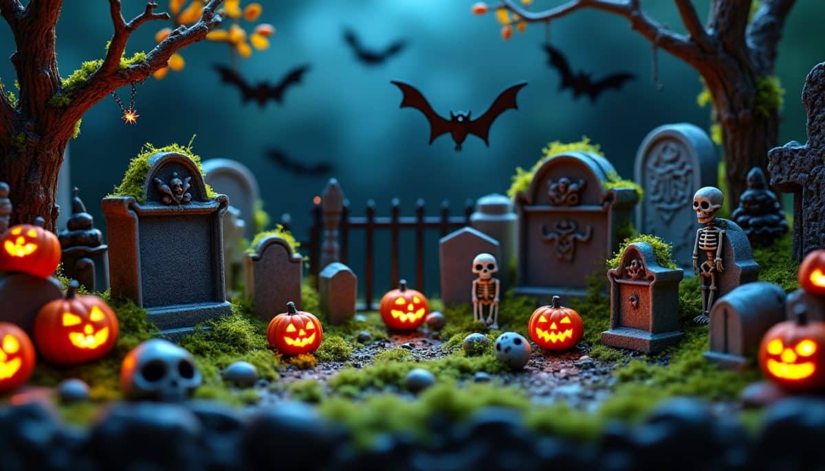 create a spooky ambiance with a miniature halloween graveyard, perfect for table decor. add a unique touch to your halloween party or home display with creepy details and charming mini gravestones.