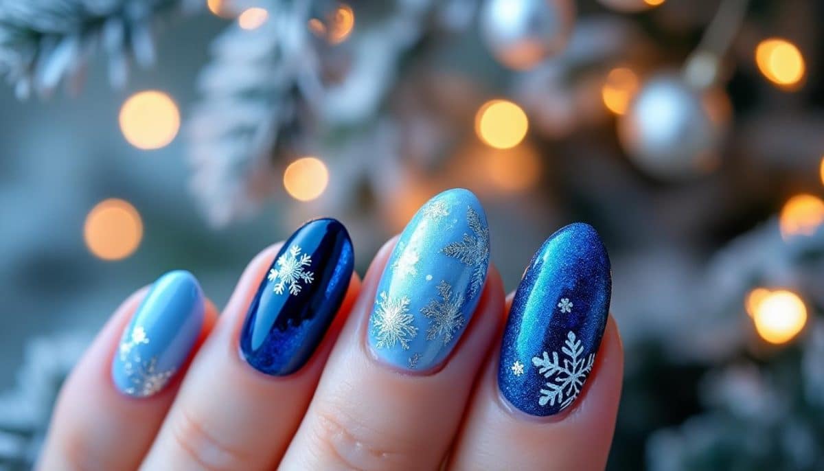discover stunning blue christmas nails featuring cool winter-inspired designs perfect for the holiday season. embrace festive style with icy blues and sparkling accents.