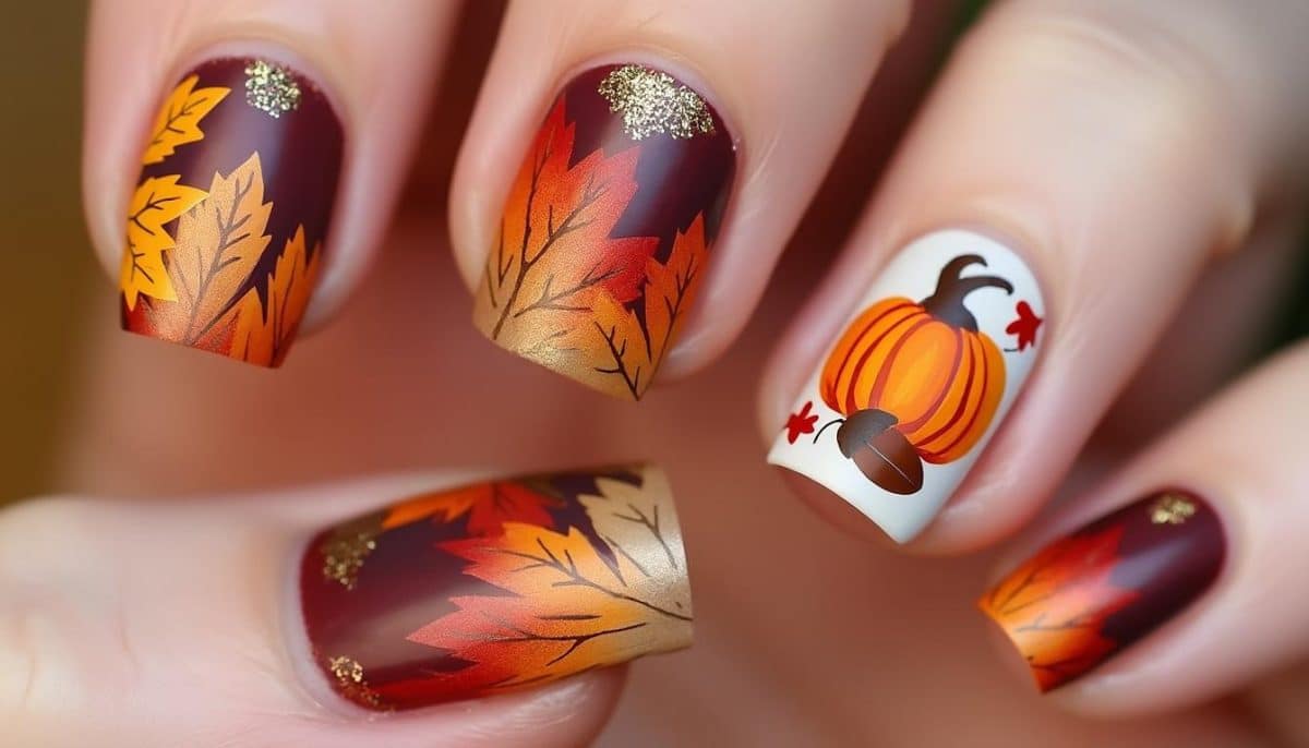 discover beautiful thanksgiving nails designs inspired by the warm colors of fall. explore autumn-themed manicures perfect for the festive season.