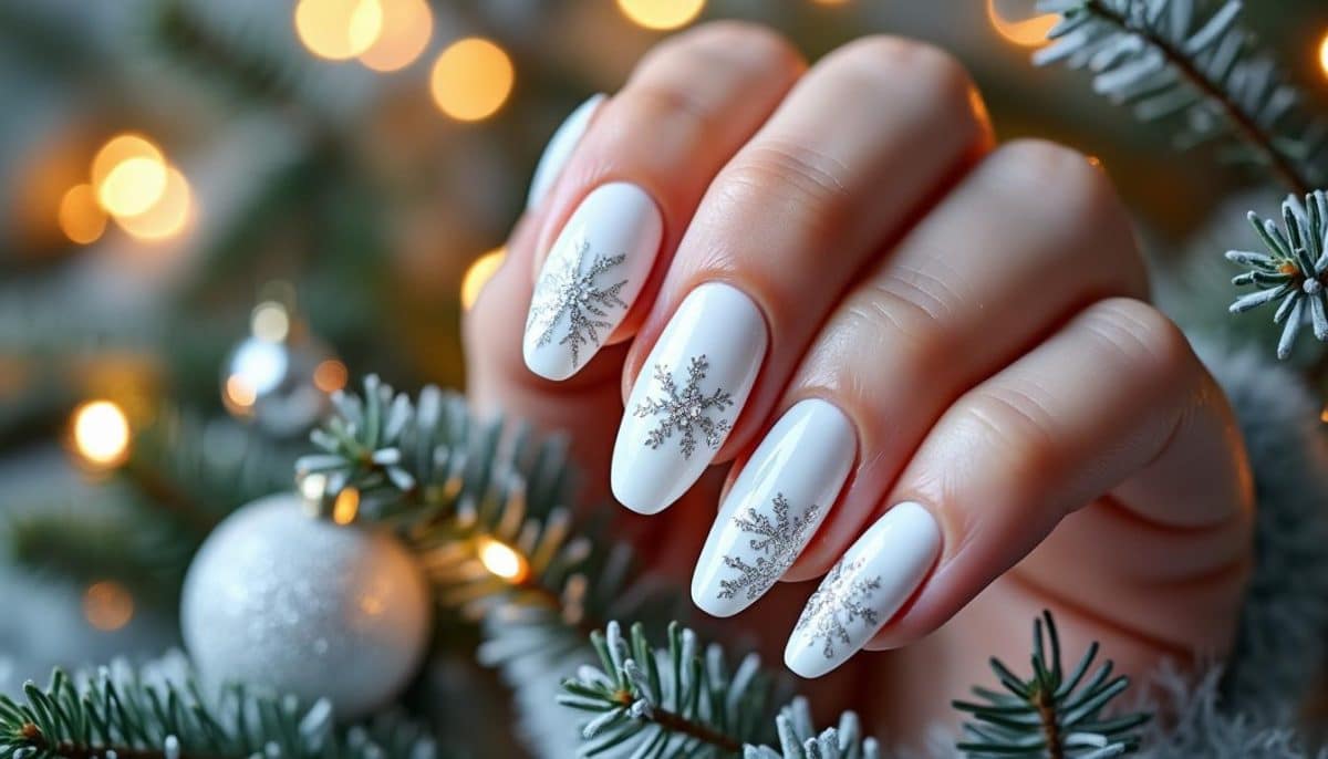 discover elegant white christmas nails featuring winter-inspired designs perfect for the holiday season. achieve a festive and sophisticated look with our beautiful nail art ideas.